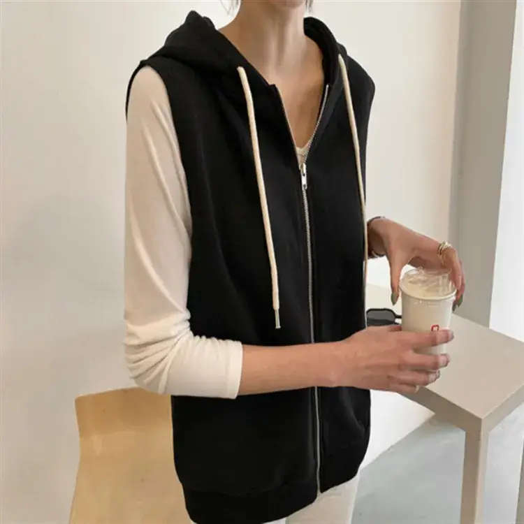 Women's Grey Sleeveless Hooded Vest 2023 Korean Style Slimming Waistcoat Vest - Image 8