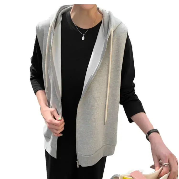 Women's Grey Sleeveless Hooded Vest 2023 Korean Style Slimming Waistcoat Vest - Image 9