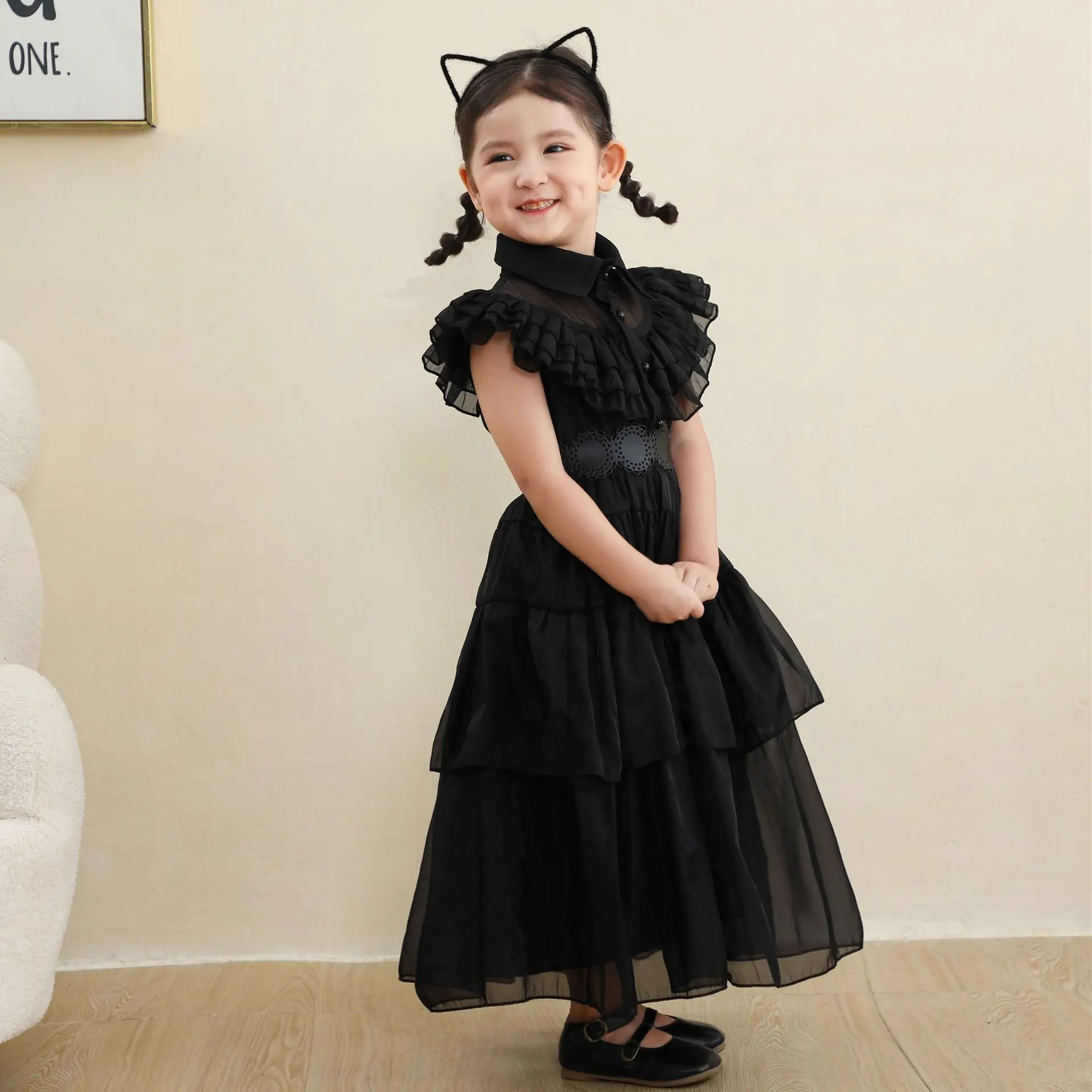 Black Ruffled Tiered Dress for Girls Halloween - Image 4