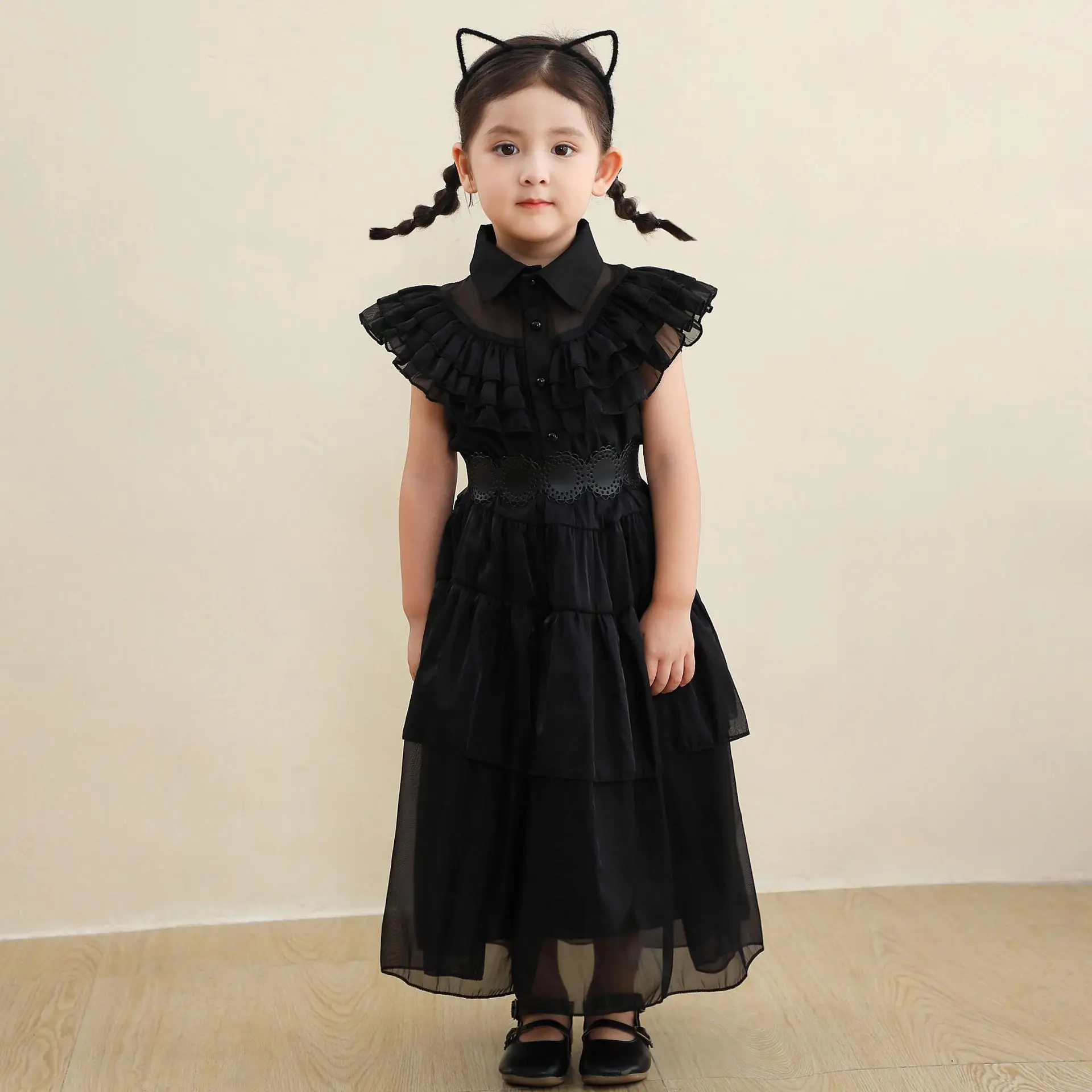 Black Ruffled Tiered Dress for Girls Halloween - Image 5