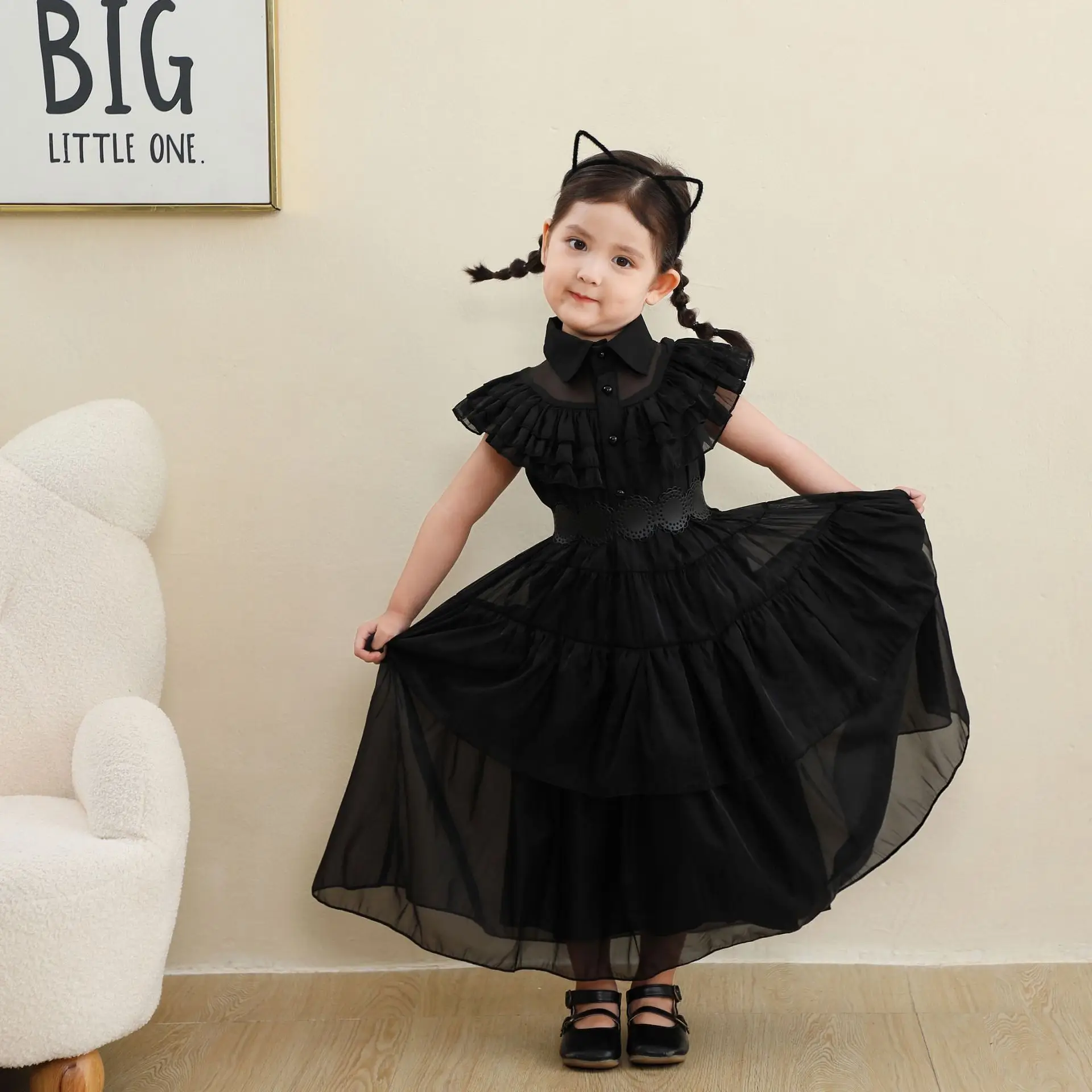 Black Ruffled Tiered Dress for Girls Halloween - Image 6