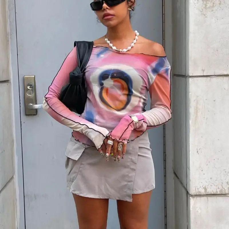 2024 Mesh Printed Long Sleeve T-Shirt Women Pink Rainbow Design - Image 5
