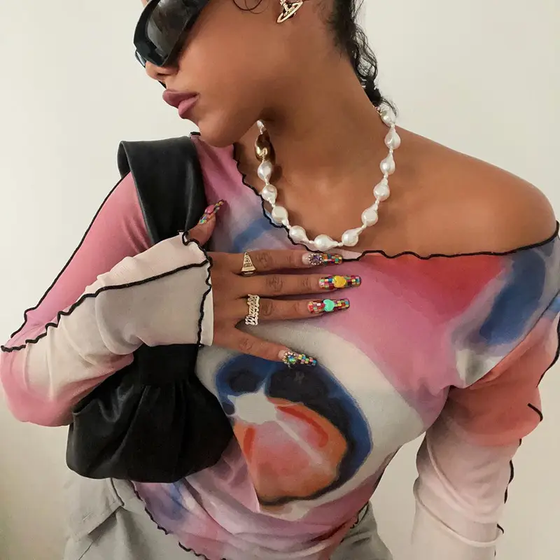2024 Mesh Printed Long Sleeve T-Shirt Women Pink Rainbow Design - Image 6