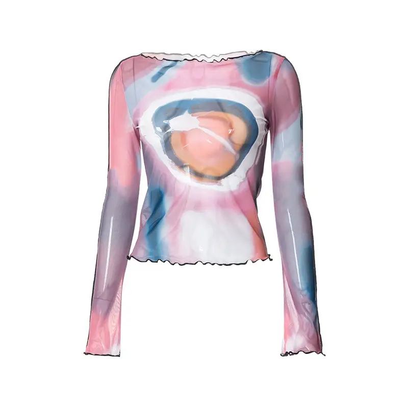 2024 Mesh Printed Long Sleeve T-Shirt Women Pink Rainbow Design - Image 8