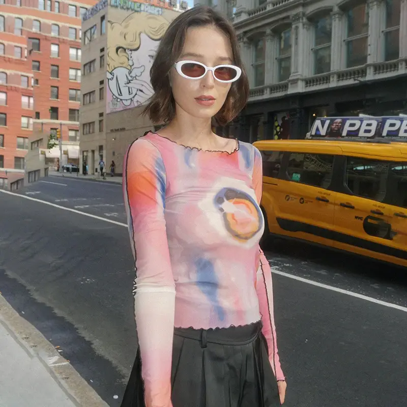 2024 Mesh Printed Long Sleeve T-Shirt Women Pink Rainbow Design — feature 11