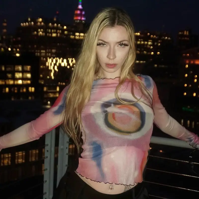 2024 Mesh Printed Long Sleeve T-Shirt Women Pink Rainbow Design — feature 12