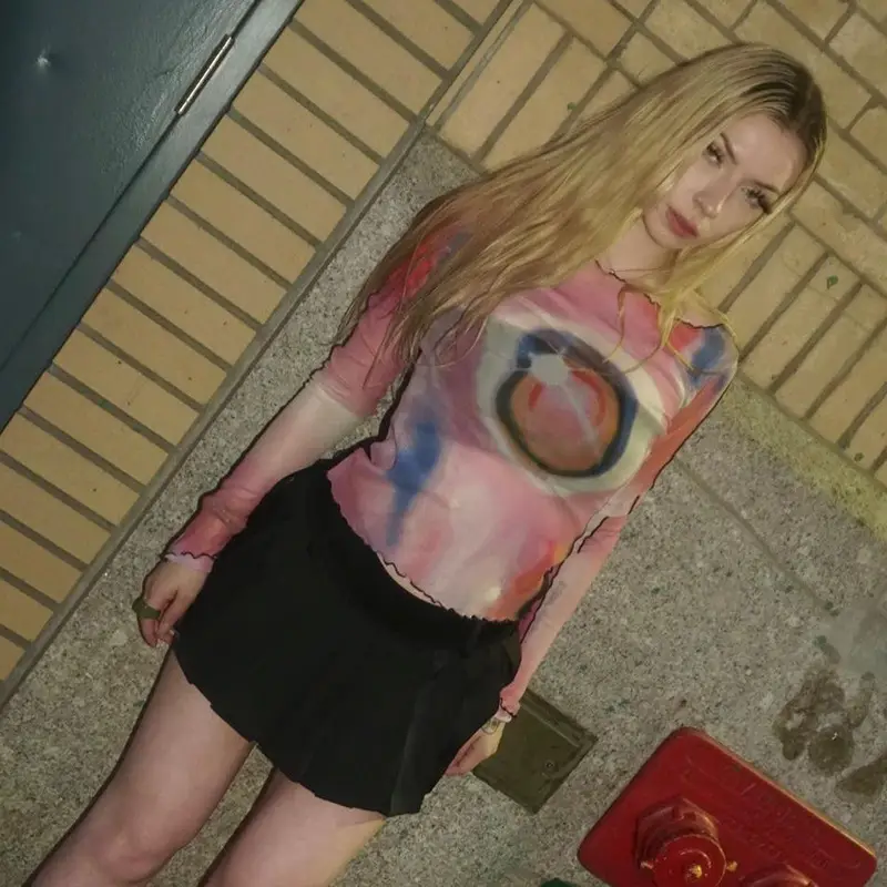2024 Mesh Printed Long Sleeve T-Shirt Women Pink Rainbow Design — feature 14