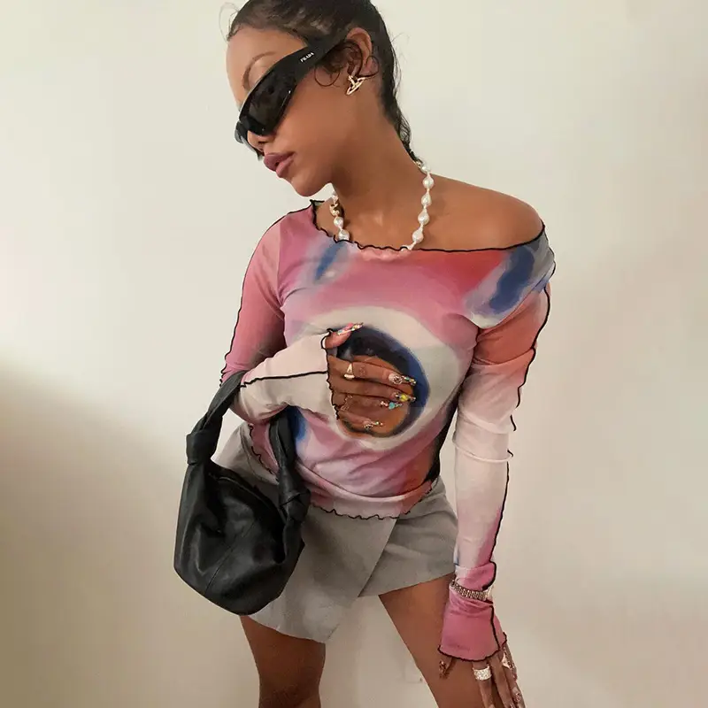 2024 Mesh Printed Long Sleeve T-Shirt Women Pink Rainbow Design — feature 15