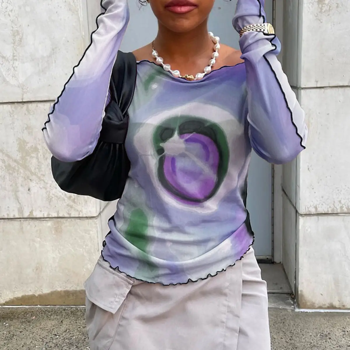 2024 Mesh Printed Long Sleeve T-Shirt Women Pink Rainbow Design — feature 17