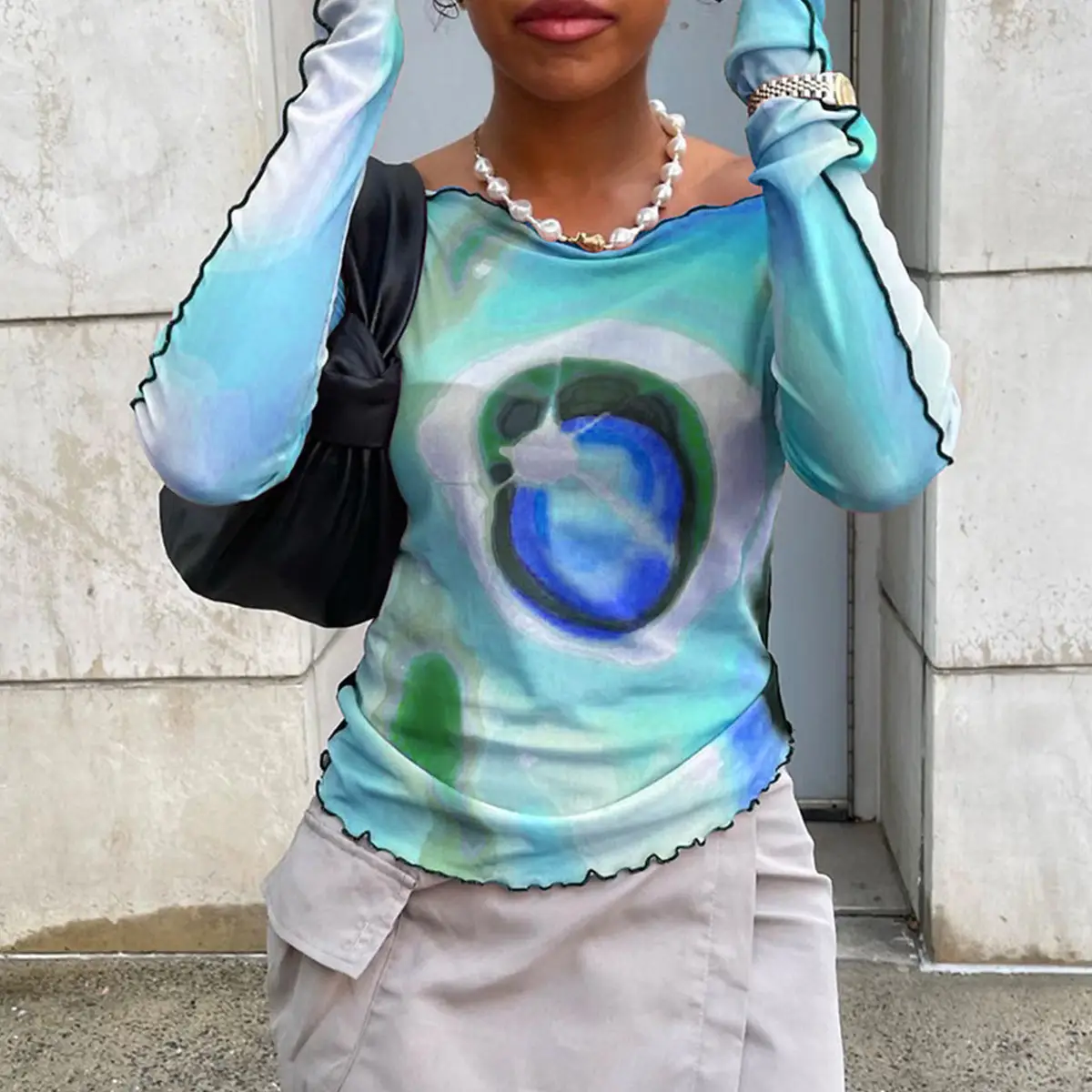 2024 Mesh Printed Long Sleeve T-Shirt Women Pink Rainbow Design — feature 23