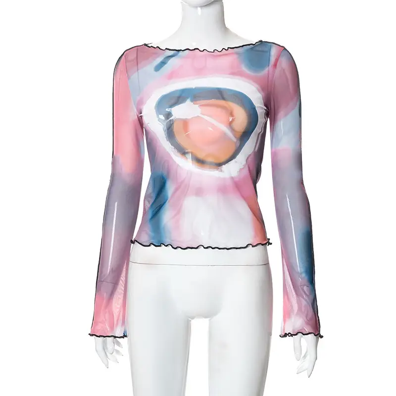 2024 Mesh Printed Long Sleeve T-Shirt Women Pink Rainbow Design — feature 25