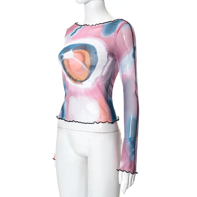 2024 Mesh Printed Long Sleeve T-Shirt Women Pink Rainbow Design — feature 26