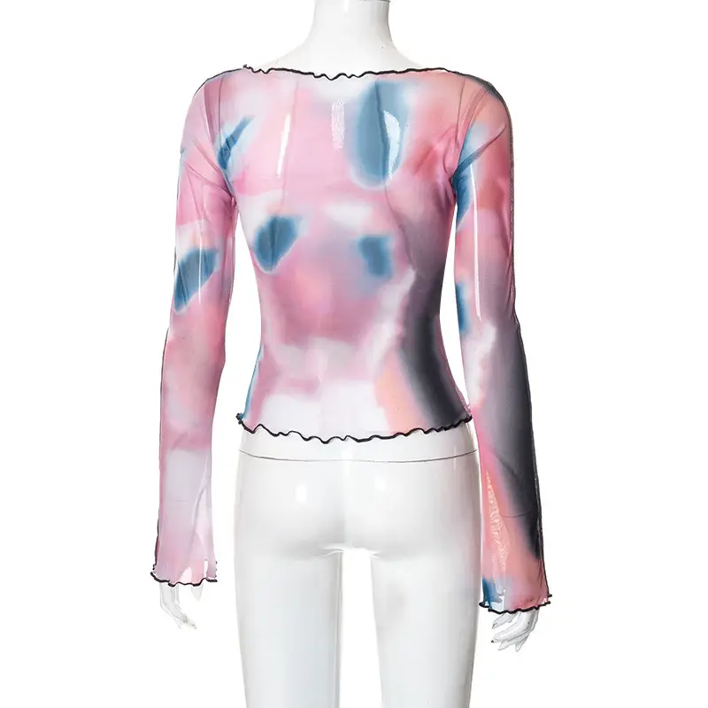 2024 Mesh Printed Long Sleeve T-Shirt Women Pink Rainbow Design — feature 27