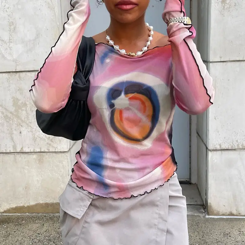 2024 Mesh Printed Long Sleeve T-Shirt Women Pink Rainbow Design — feature 3