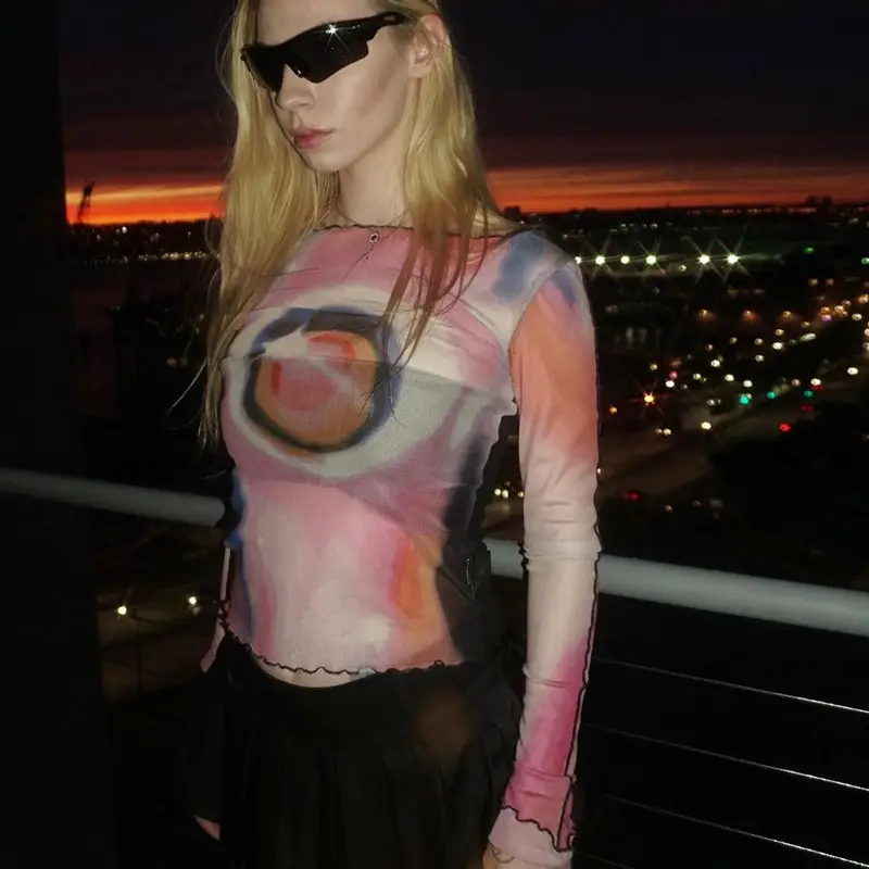 2024 Mesh Printed Long Sleeve T-Shirt Women Pink Rainbow Design — feature 8