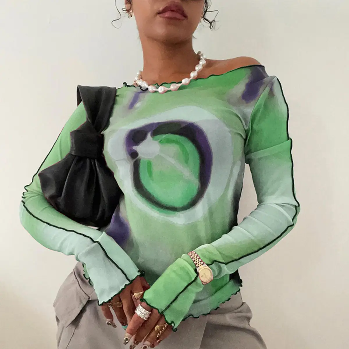 2024 Mesh Printed Long Sleeve T-Shirt Women Pink Rainbow Design - Image 2