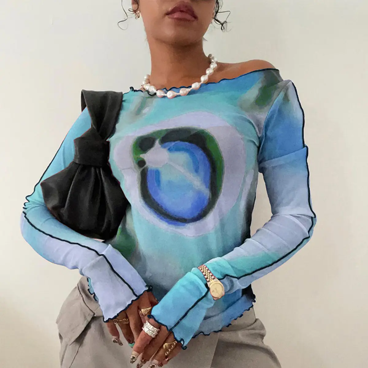 2024 Mesh Printed Long Sleeve T-Shirt Women Pink Rainbow Design - Image 3