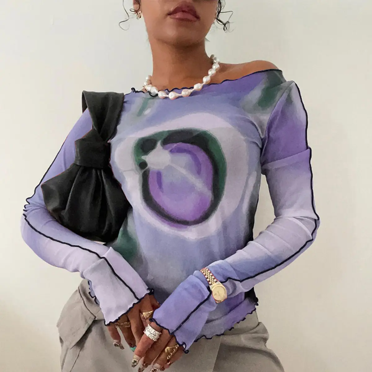 2024 Mesh Printed Long Sleeve T-Shirt Women Pink Rainbow Design - Image 4