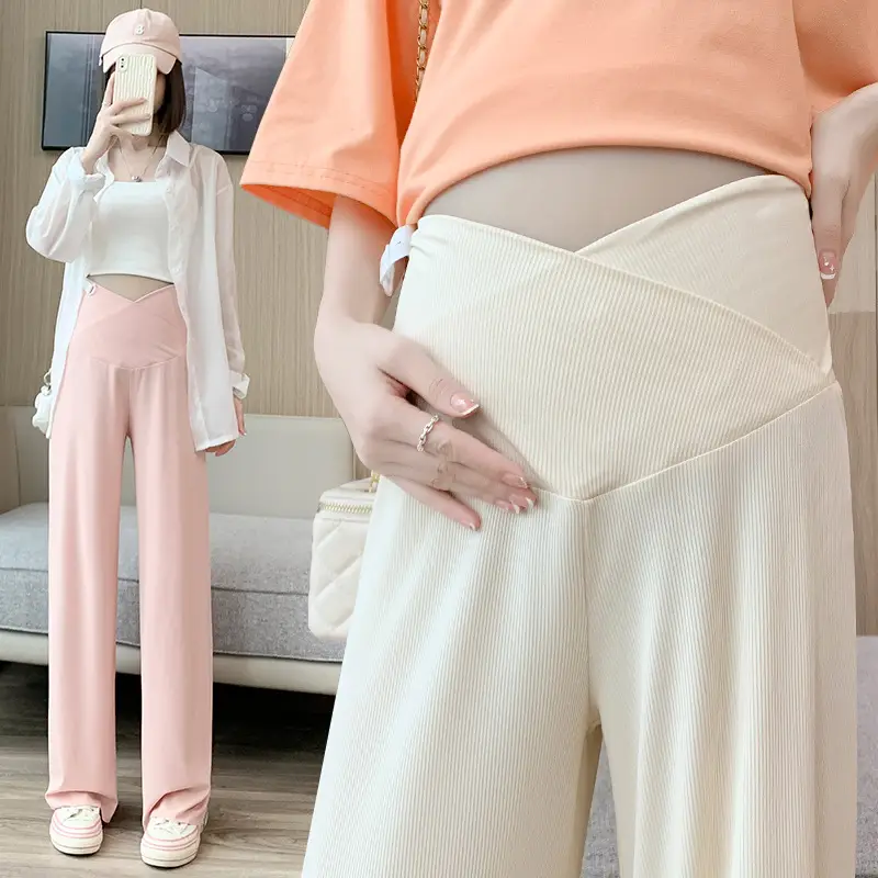 Pregnant Women's Pink Silk Low Waist Wide Leg Pants