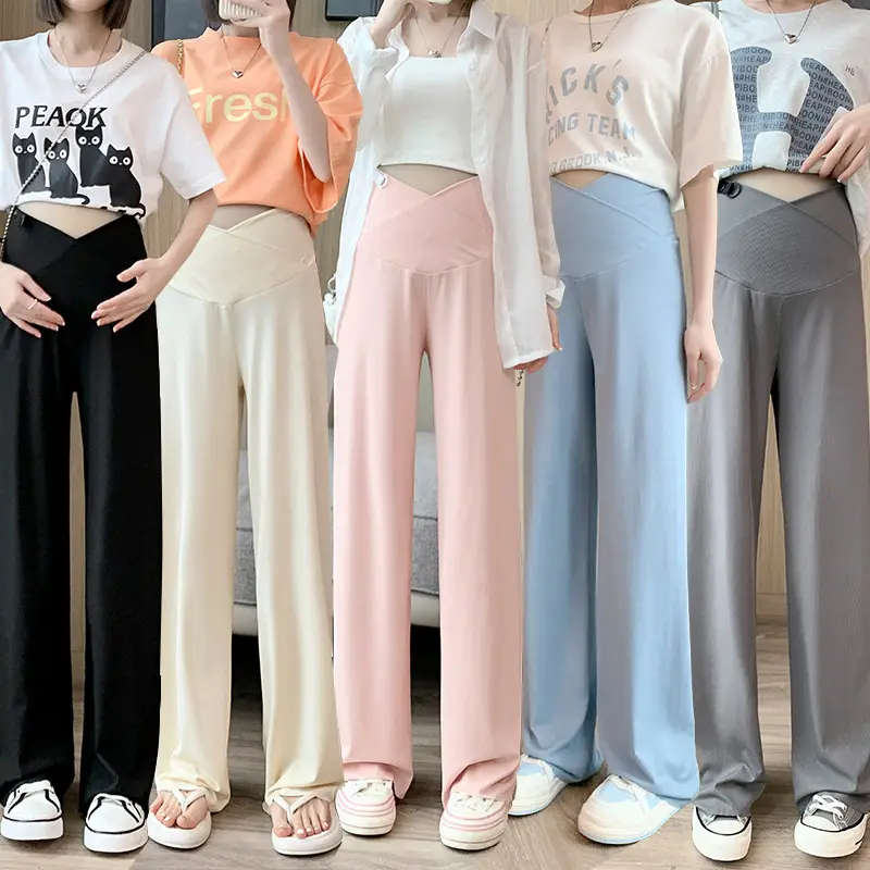 Pregnant Women's Pink Silk Low Waist Wide Leg Pants