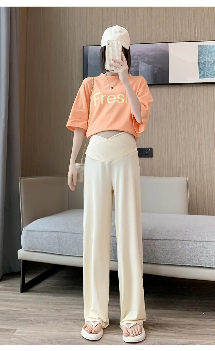 Pregnant Women's Pink Silk Low Waist Wide Leg Pants — feature 20