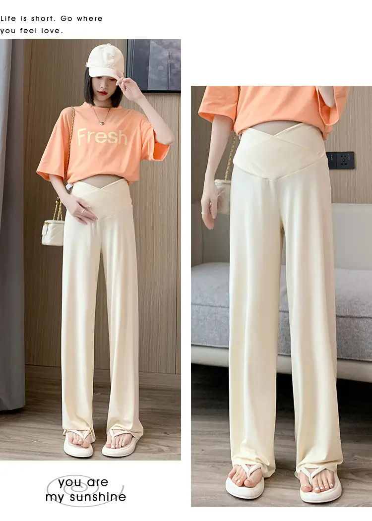 Pregnant Women's Pink Silk Low Waist Wide Leg Pants — feature 23