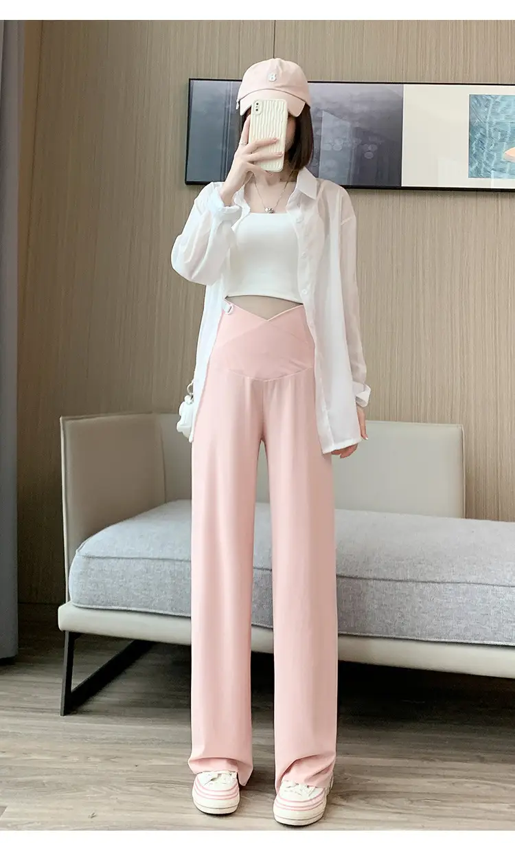 Pregnant Women's Pink Silk Low Waist Wide Leg Pants — feature 24