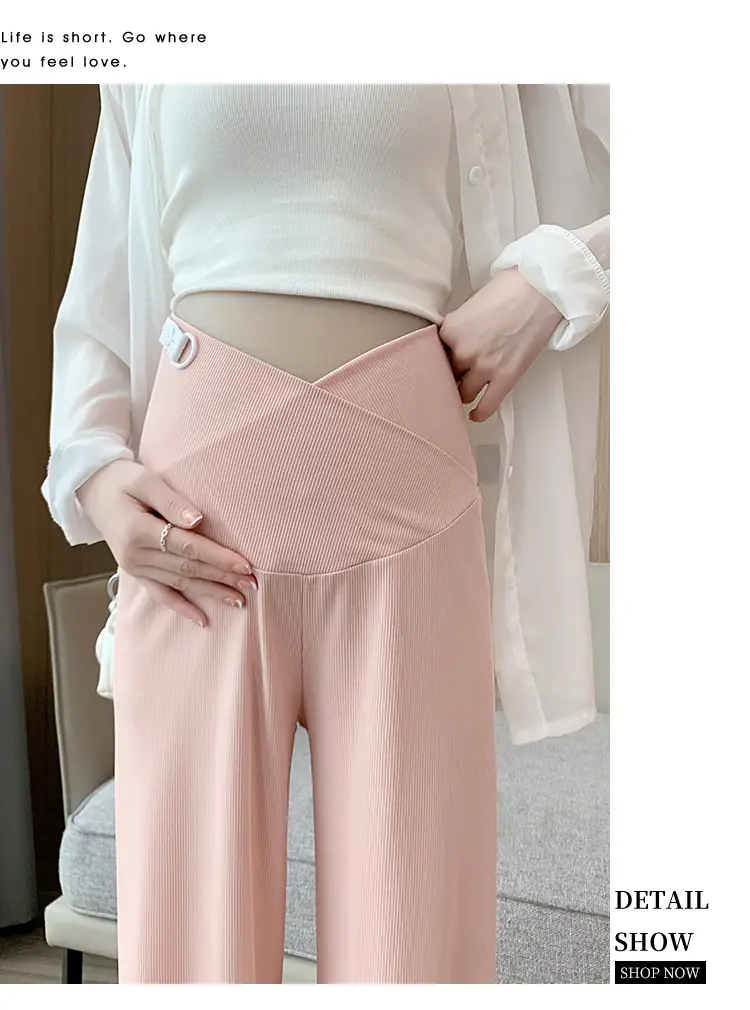 Pregnant Women's Pink Silk Low Waist Wide Leg Pants — feature 25