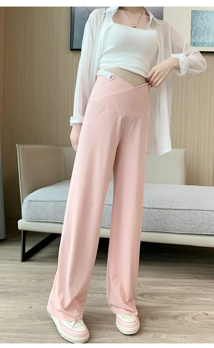 Pregnant Women's Pink Silk Low Waist Wide Leg Pants — feature 26