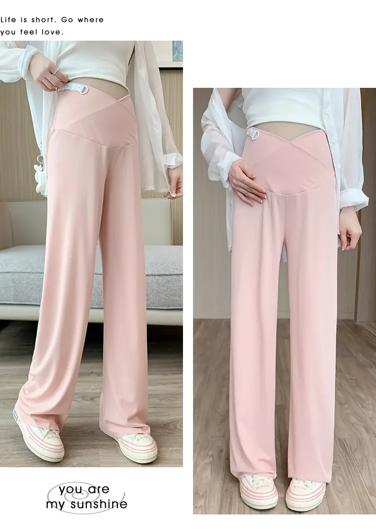Pregnant Women's Pink Silk Low Waist Wide Leg Pants — feature 29