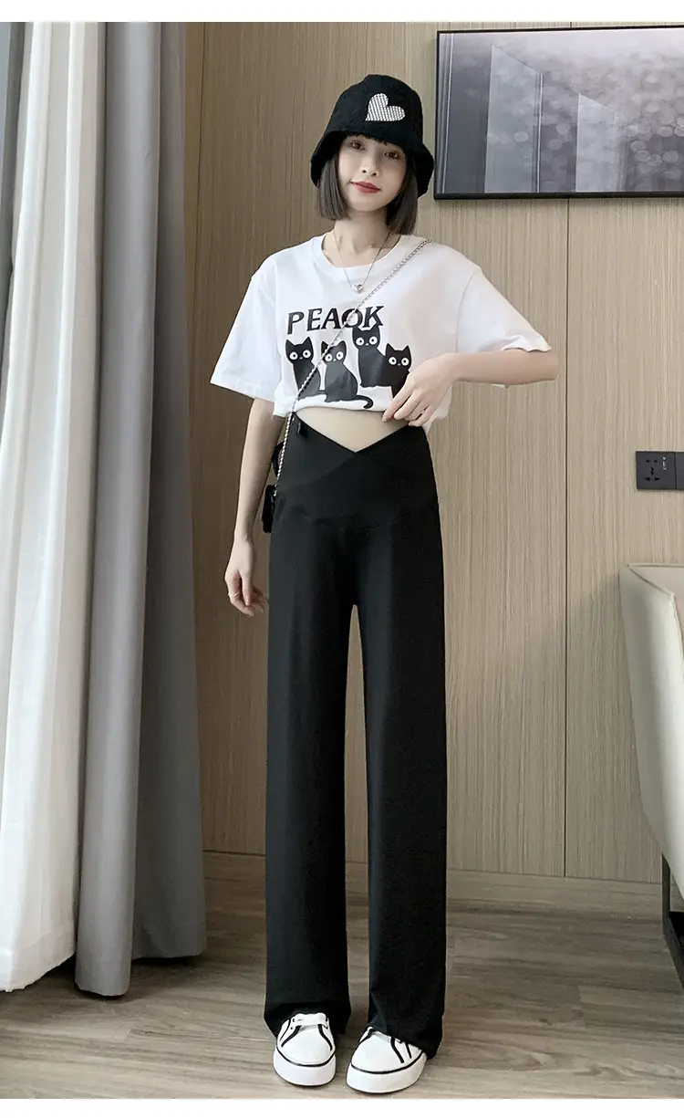 Pregnant Women's Pink Silk Low Waist Wide Leg Pants — feature 38