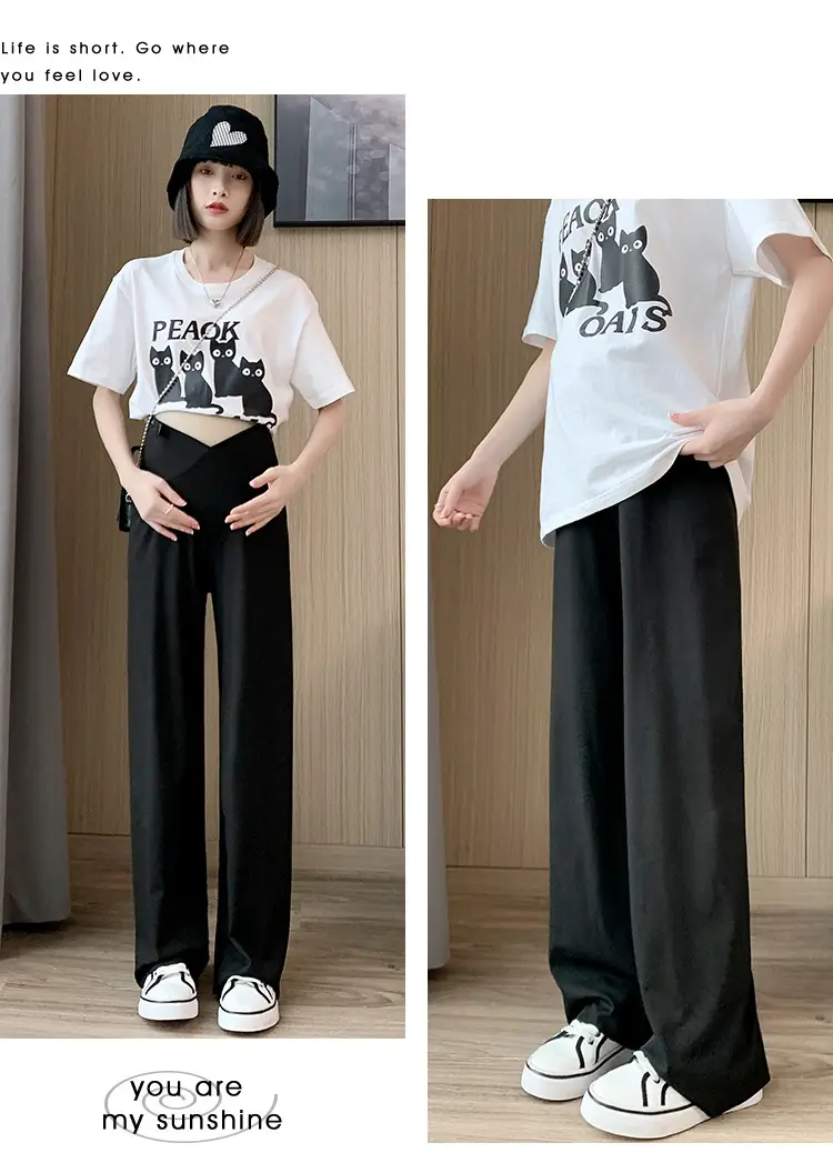 Pregnant Women's Pink Silk Low Waist Wide Leg Pants — feature 41
