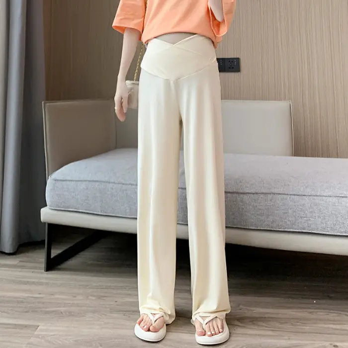Pregnant Women's Pink Silk Low Waist Wide Leg Pants