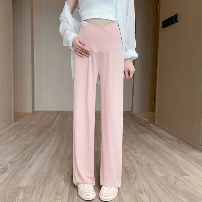Pregnant Women's Pink Silk Low Waist Wide Leg Pants