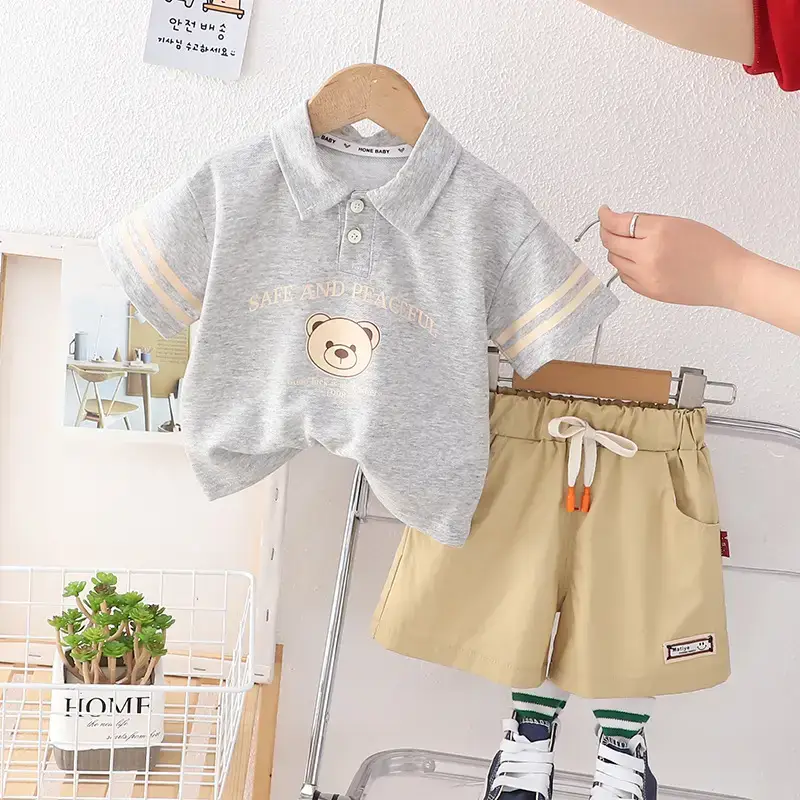 Children Cotton Polo Short Sleeve Suit Green Beige - Image 2