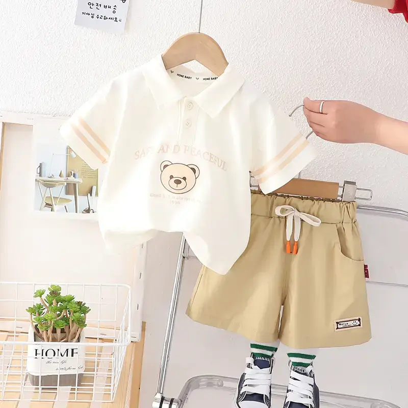 Children Cotton Polo Short Sleeve Suit Green Beige - Image 3