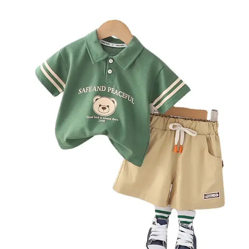 Children Cotton Polo Short Sleeve Suit Green Beige - Image 5