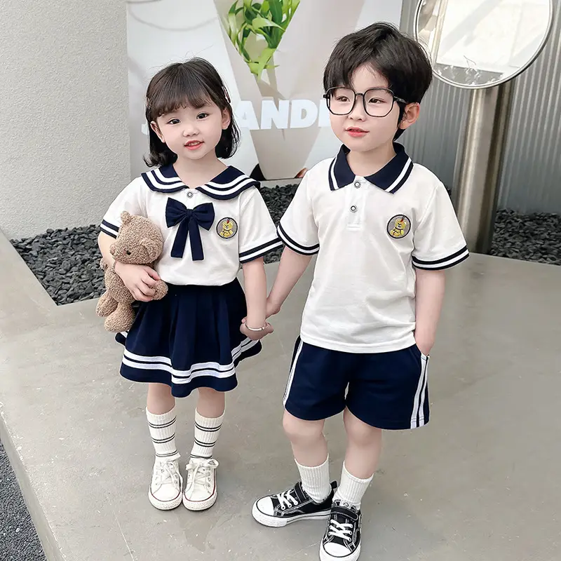 2025 Summer Kids Polo Shirt Set White Blue Knitted College Style - Image 4