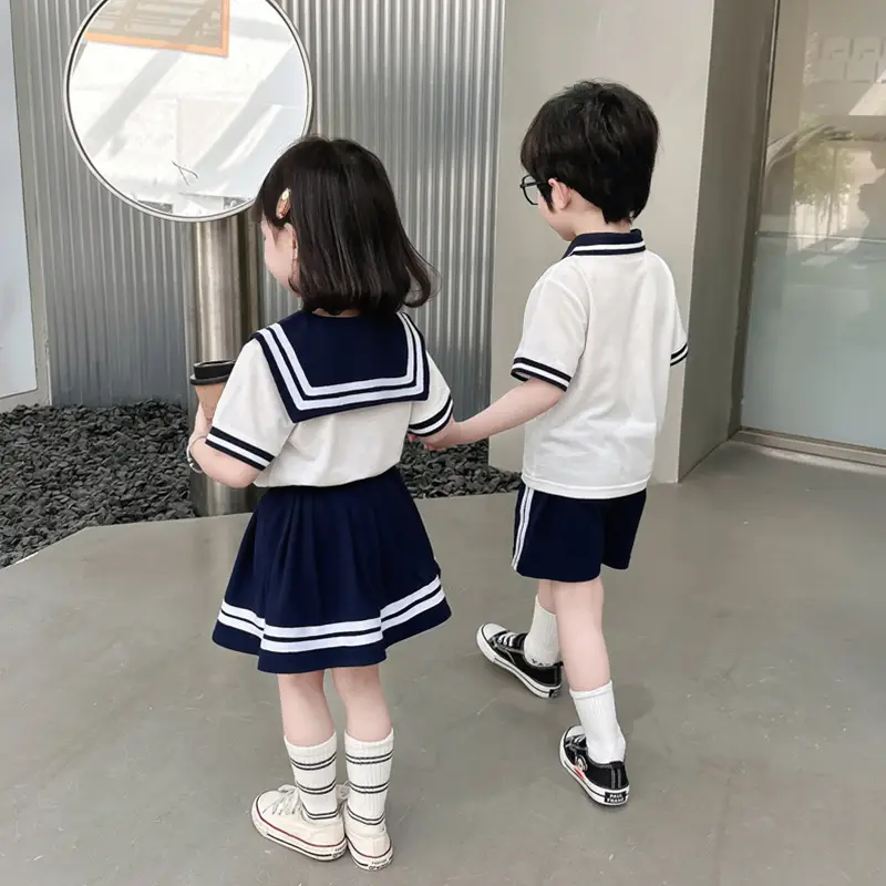 2025 Summer Kids Polo Shirt Set White Blue Knitted College Style - Image 5