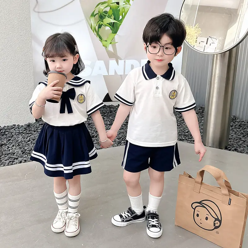 2025 Summer Kids Polo Shirt Set White Blue Knitted College Style - Image 6