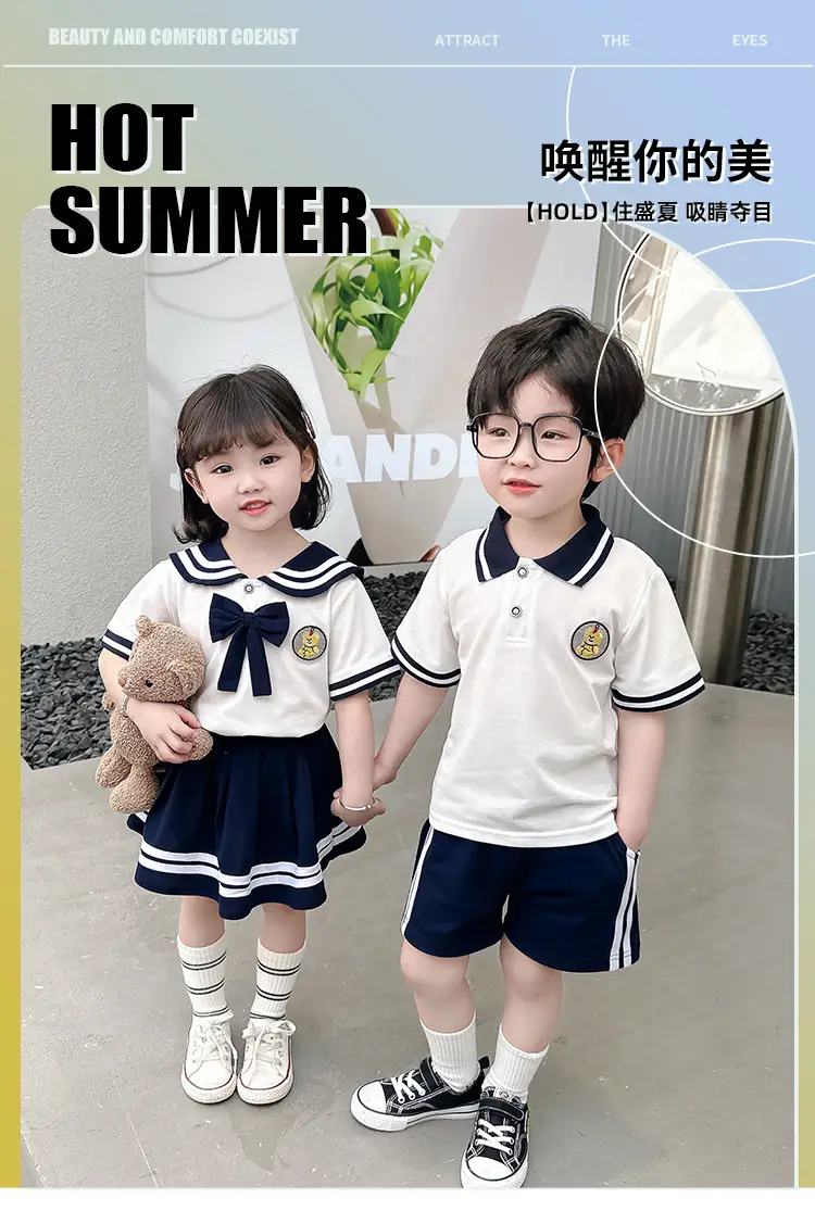 2025 Summer Kids Polo Shirt Set White Blue Knitted College Style — feature 1