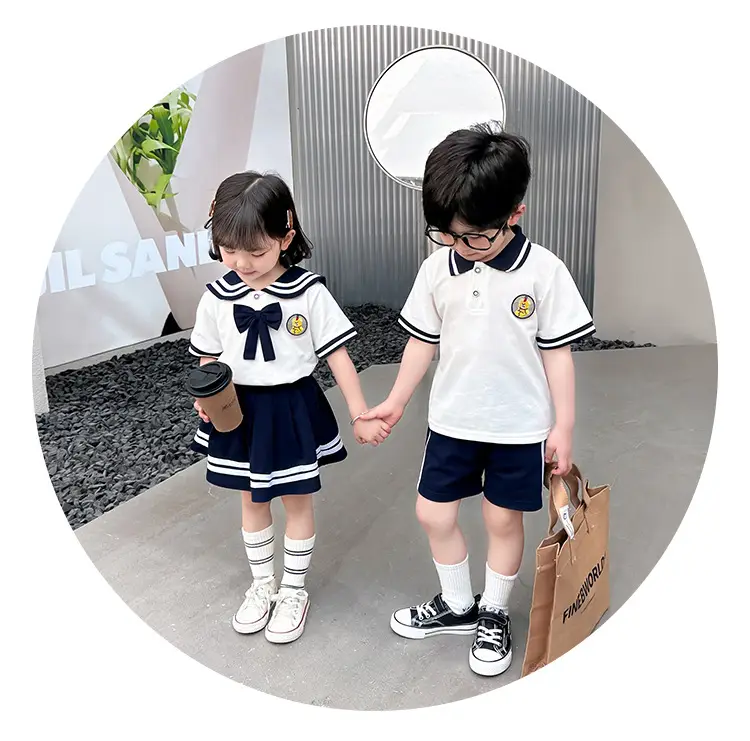 2025 Summer Kids Polo Shirt Set White Blue Knitted College Style — feature 10
