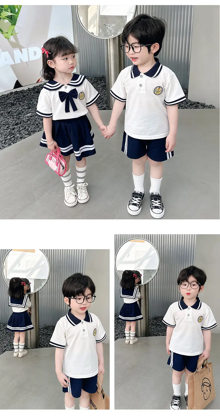 2025 Summer Kids Polo Shirt Set White Blue Knitted College Style — feature 11