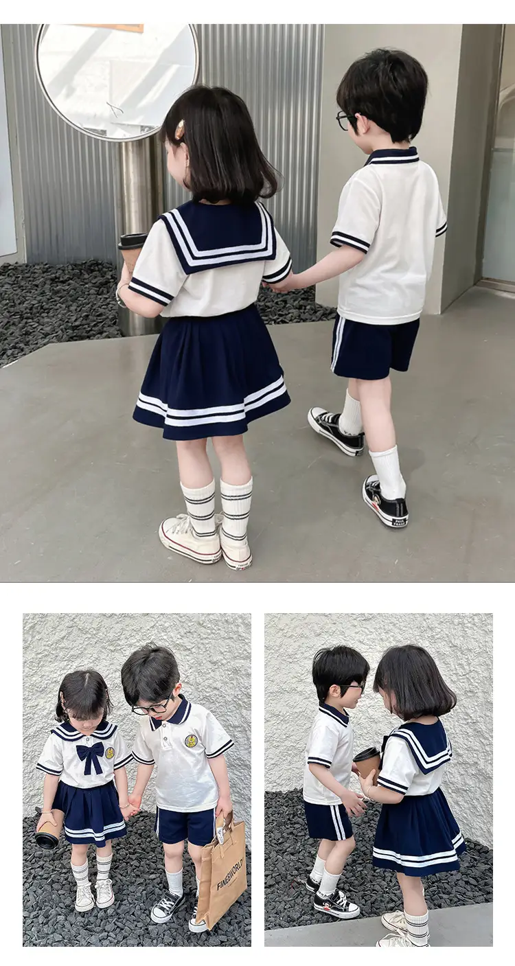 2025 Summer Kids Polo Shirt Set White Blue Knitted College Style — feature 13