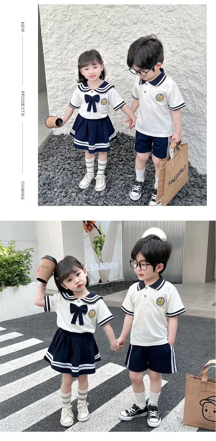 2025 Summer Kids Polo Shirt Set White Blue Knitted College Style — feature 14