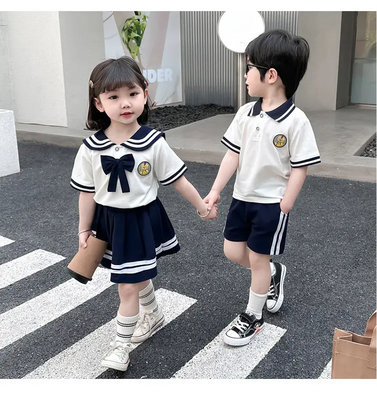 2025 Summer Kids Polo Shirt Set White Blue Knitted College Style — feature 15