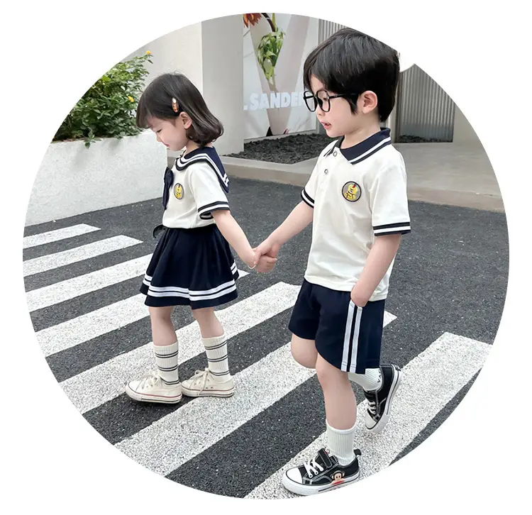 2025 Summer Kids Polo Shirt Set White Blue Knitted College Style — feature 16