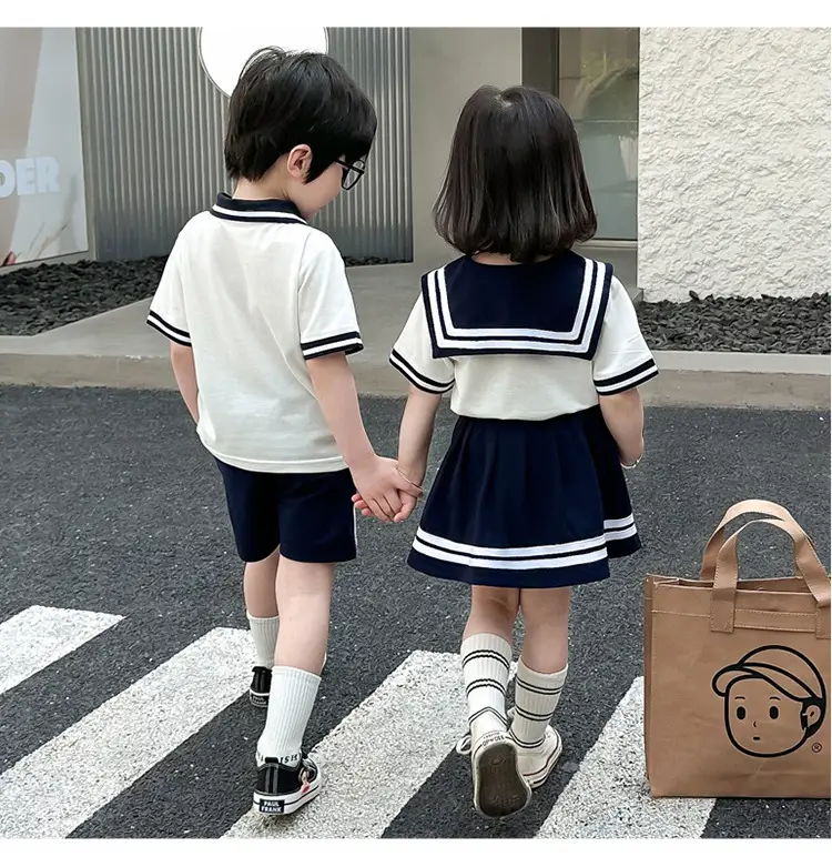 2025 Summer Kids Polo Shirt Set White Blue Knitted College Style — feature 17