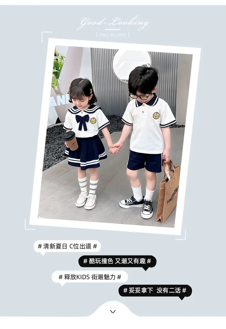 2025 Summer Kids Polo Shirt Set White Blue Knitted College Style — feature 2