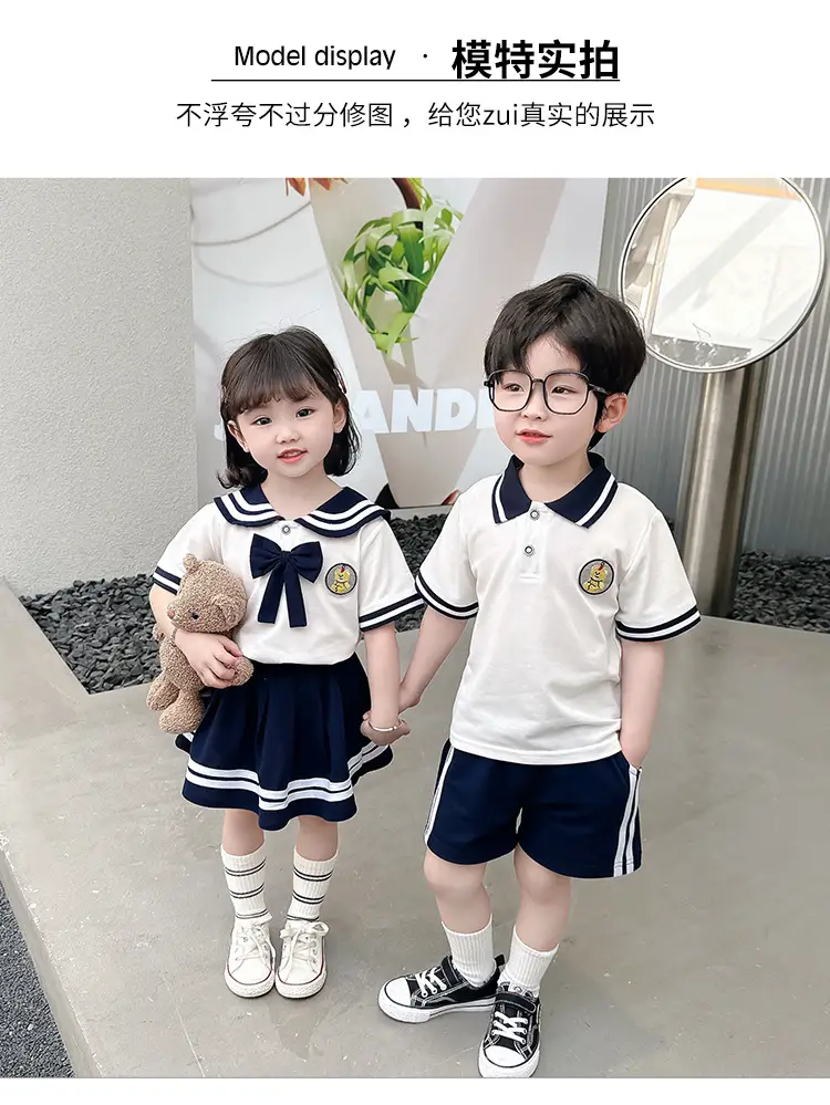 2025 Summer Kids Polo Shirt Set White Blue Knitted College Style — feature 7